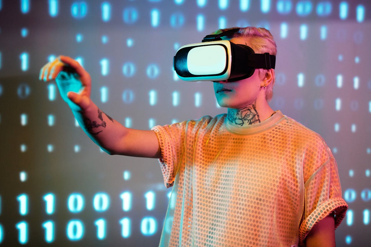 Services-01 A person experiences virtual reality with a headset against a background of binary code.